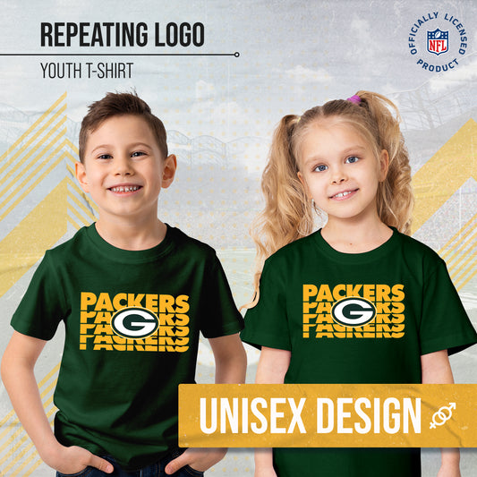 Green Bay Packers NFL Youth Repeating Logo Football T-Shirt Unisex Tag Free Comfortable - Forest Green
