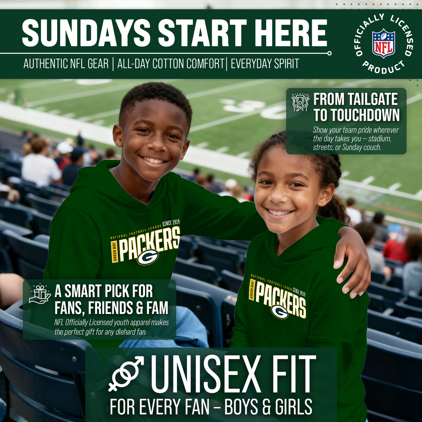 Green Bay Packers NFL Youth Modern Endzone Football Fleece Hooded Sweatshirt - Forest Green