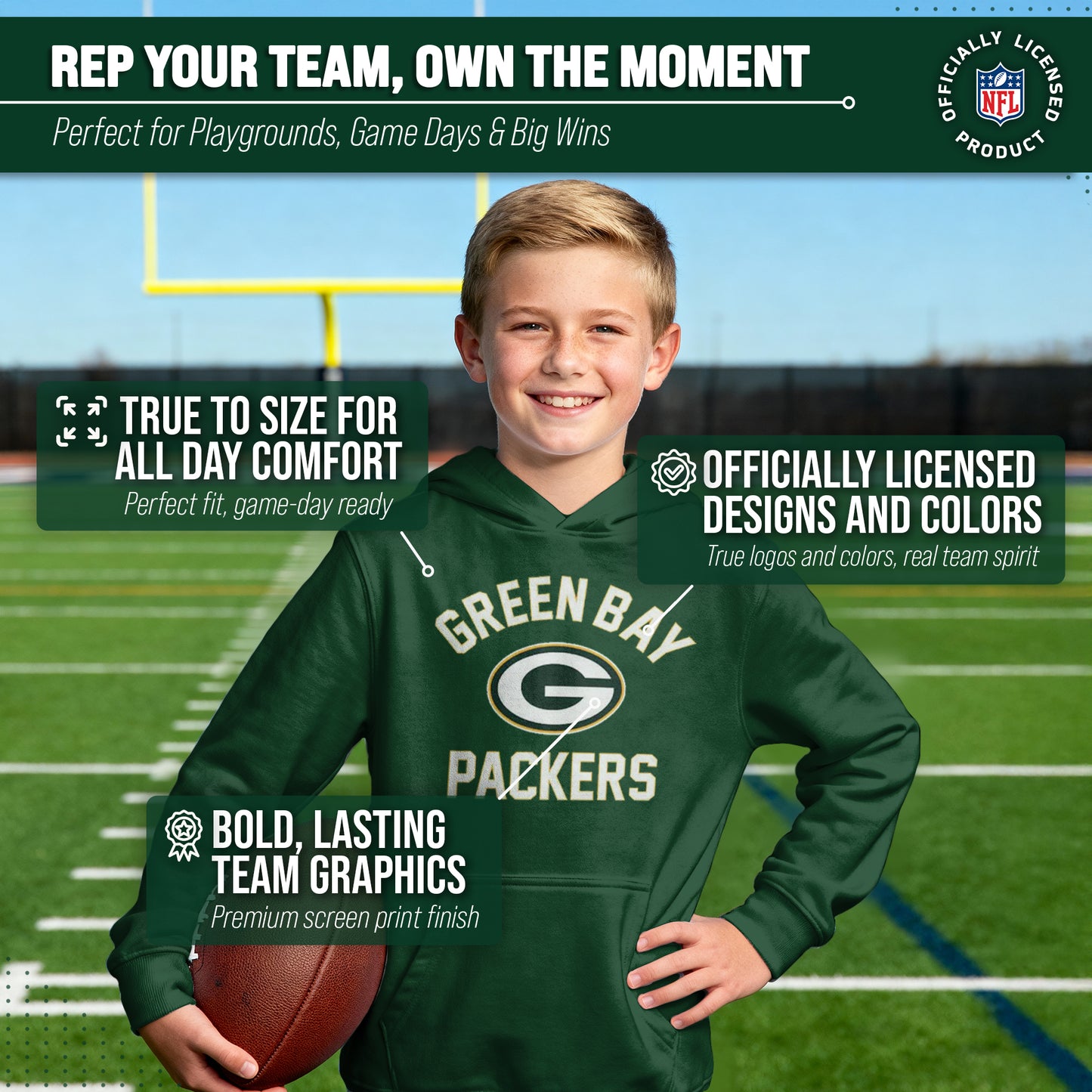 Green Bay Packers NFL Youth Gameday Hooded Sweatshirt - Forest Green