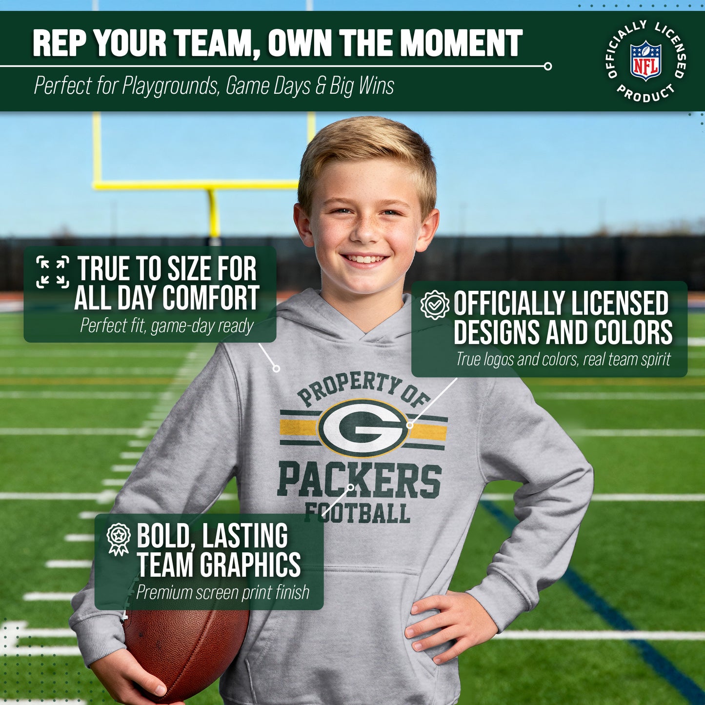 Green Bay Packers NFL Youth Property Of Hooded Sweatshirt - Sport Gray