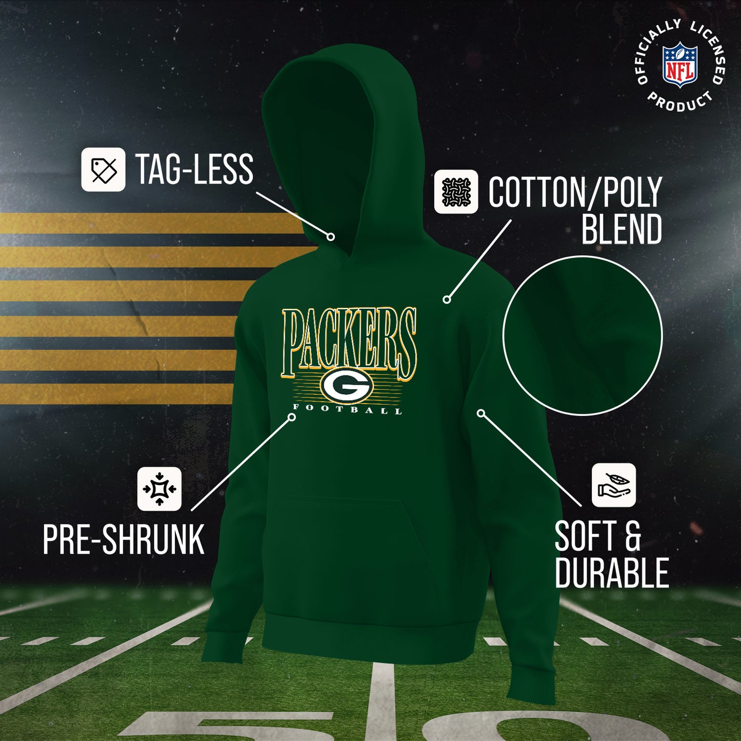 Green Bay Packers NFL Youth Overtime Blueprint Football Fleece Hooded Sweatshirt - Forest Green