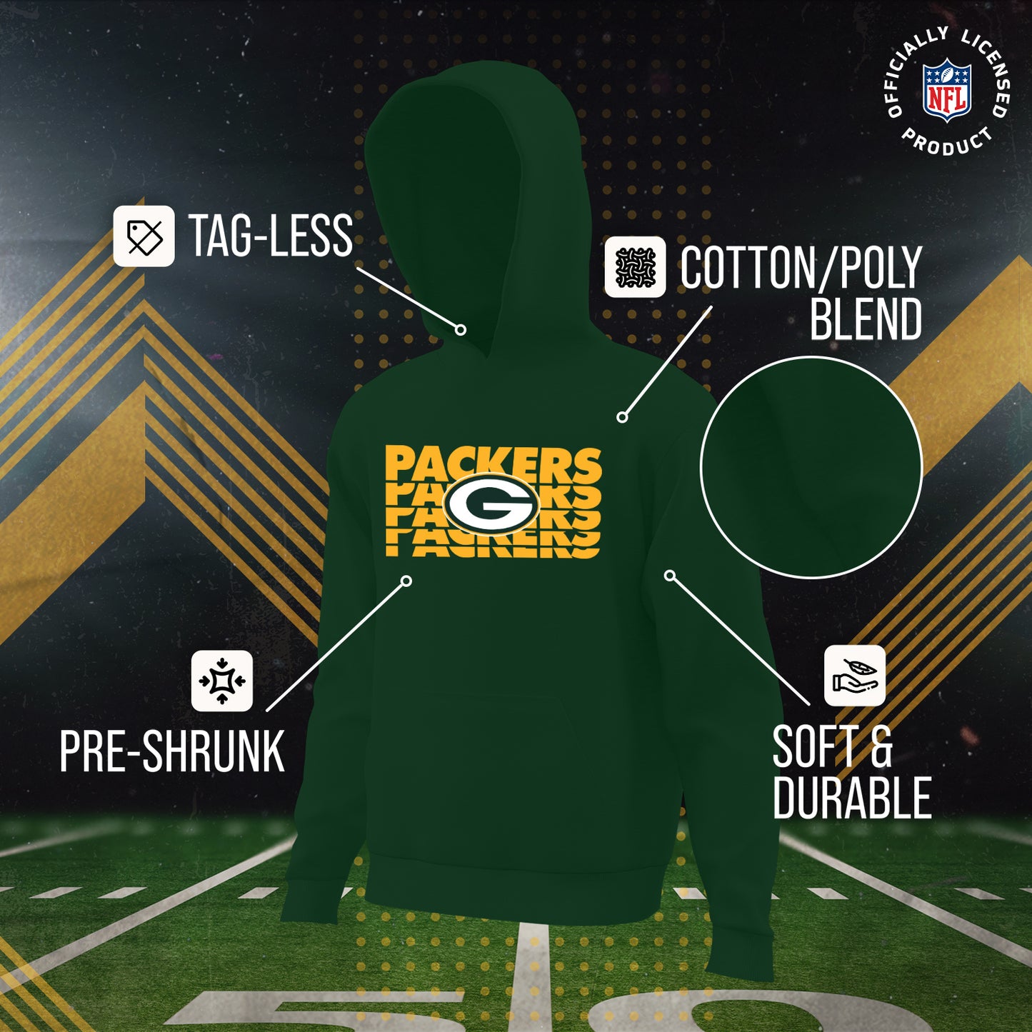 Green Bay Packers NFL Youth Repeating Logo Football Fleece Hooded Sweatshirt - Forest Green