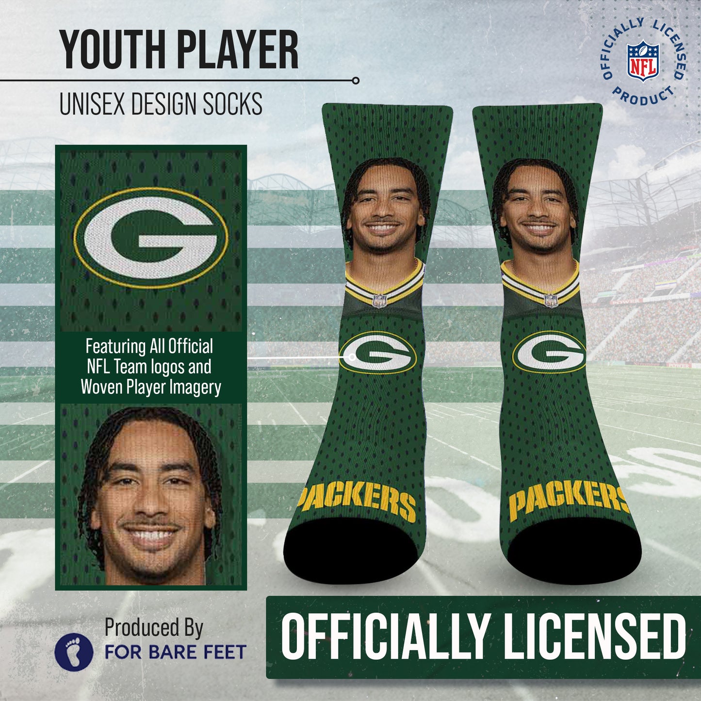 Green Bay Packers NFL Youth Roster Player Crew Socks - Green