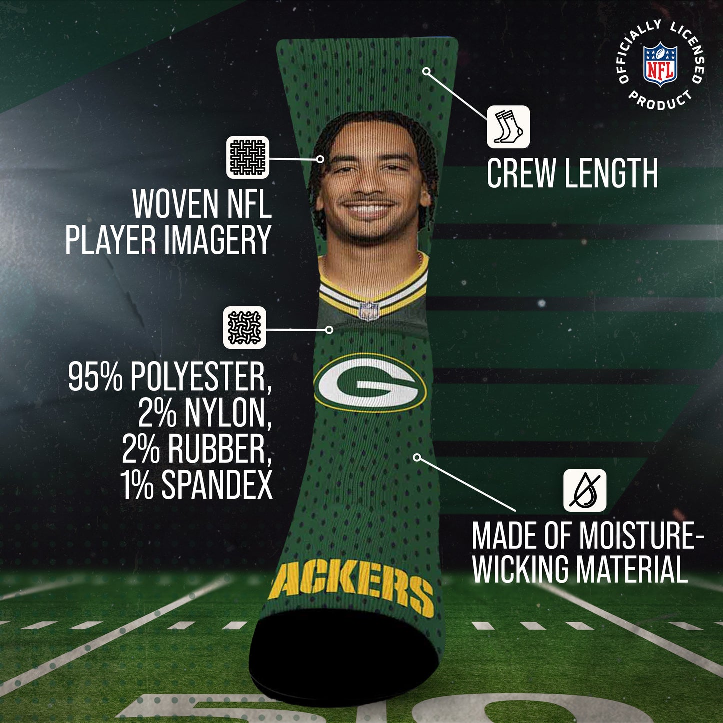 Green Bay Packers NFL Youth Roster Player Crew Socks - Green