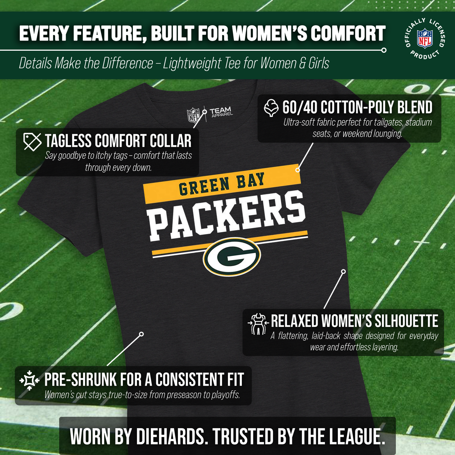 Green Bay Packers NFL Women's Team Block Charcoal Tagless T-Shirt - Charcoal