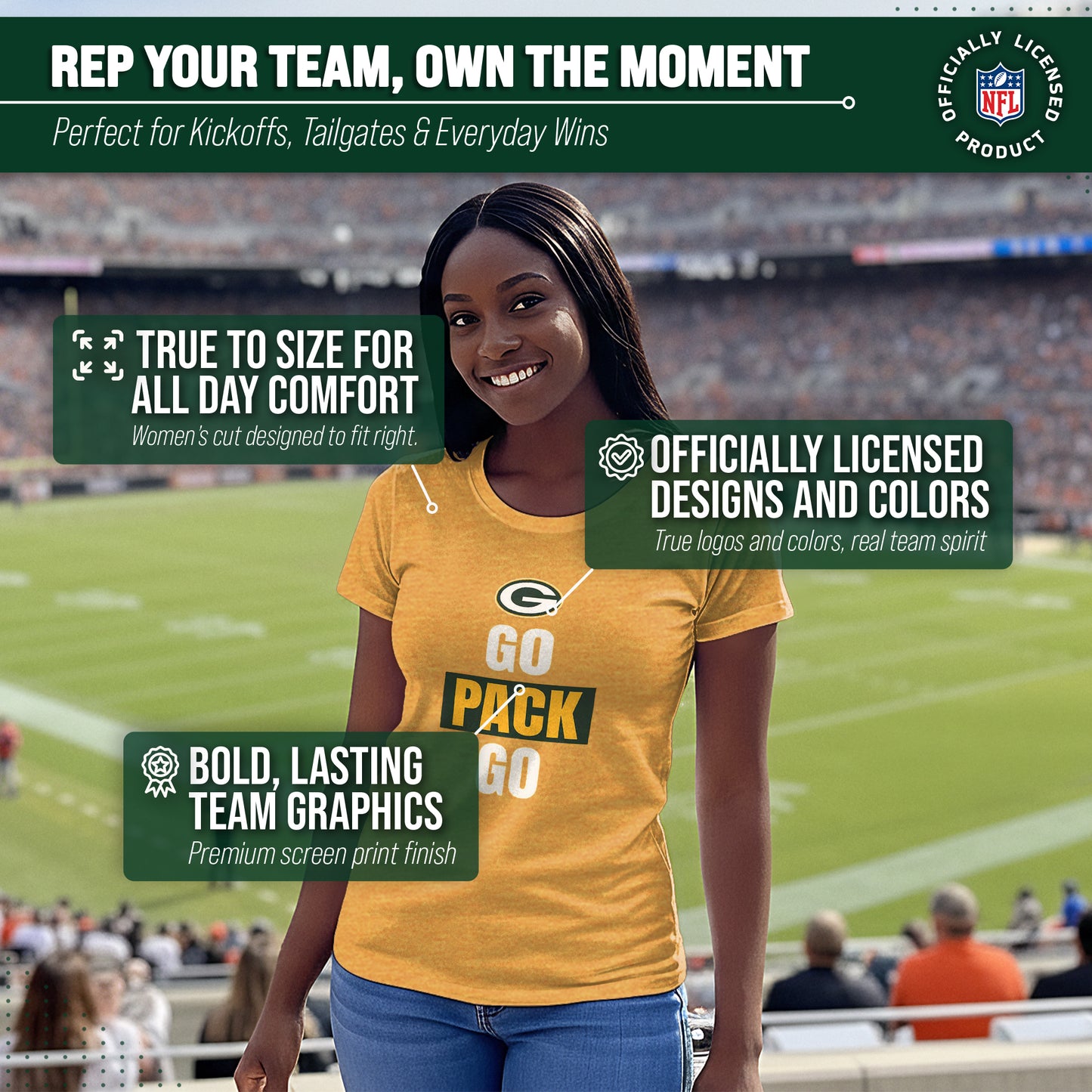 Green Bay Packers NFL Womens Team Slogan Short Sleeve Tshirt - Gold