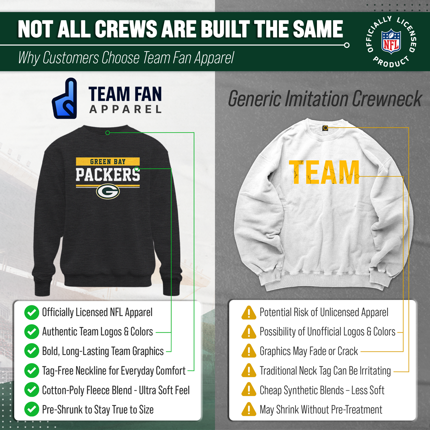 Green Bay Packers NFL Adult Long Sleeve Team Block Charcoal Crewneck Sweatshirt - Charcoal