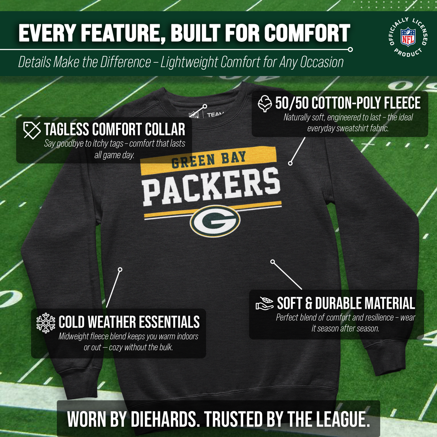 Green Bay Packers NFL Adult Long Sleeve Team Block Charcoal Crewneck Sweatshirt - Charcoal