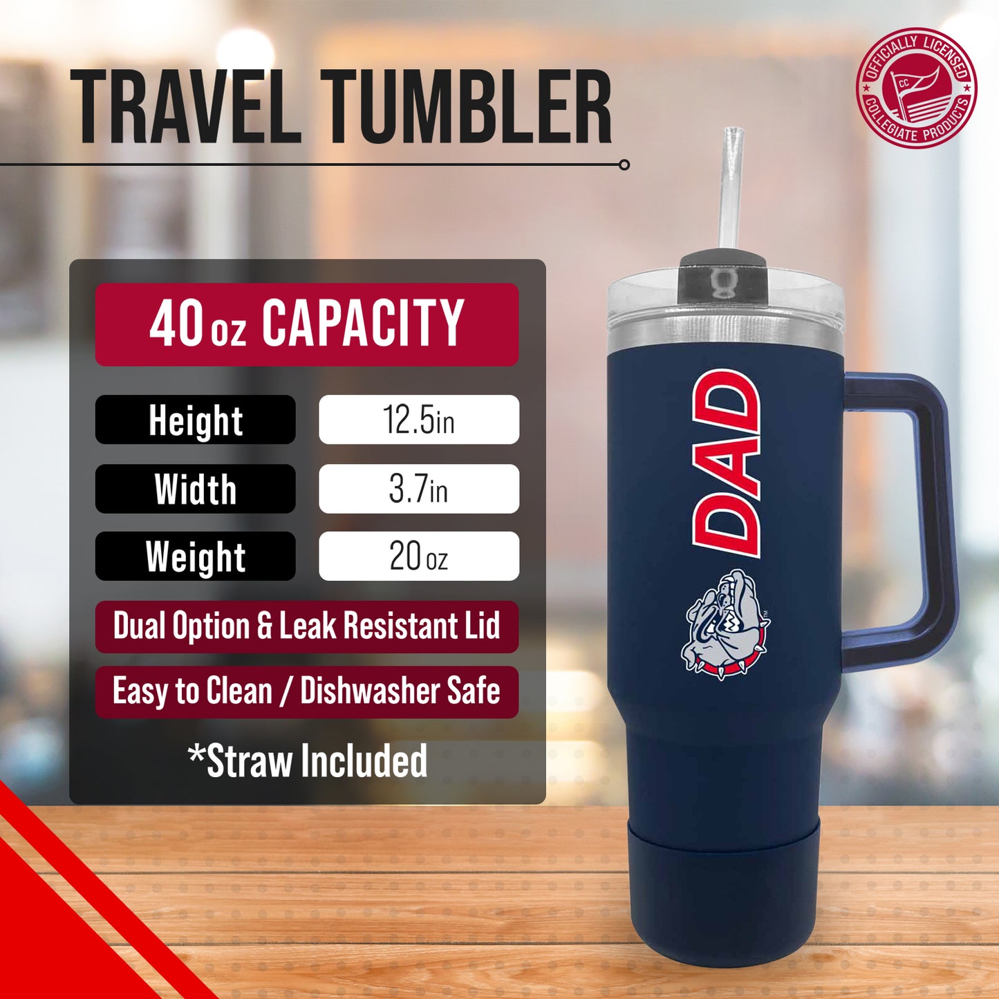 Gonzaga Bulldogs Collegiate 40oz Stainless Steel Travel Tumbler with Handle for Dad - Navy