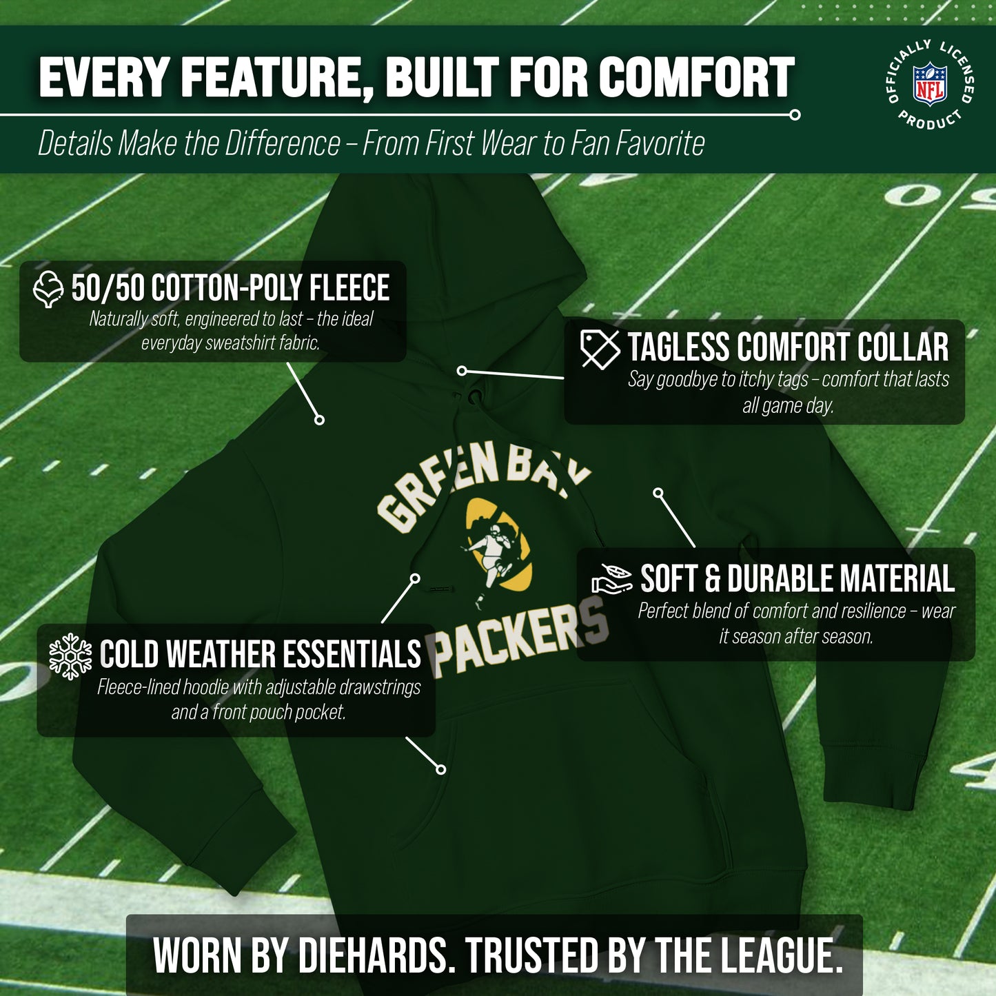 Green Bay Packers NFL Adult Unisex Retro Gameday Ultra Soft Fleece Hooded Sweatshirt - Forest Green