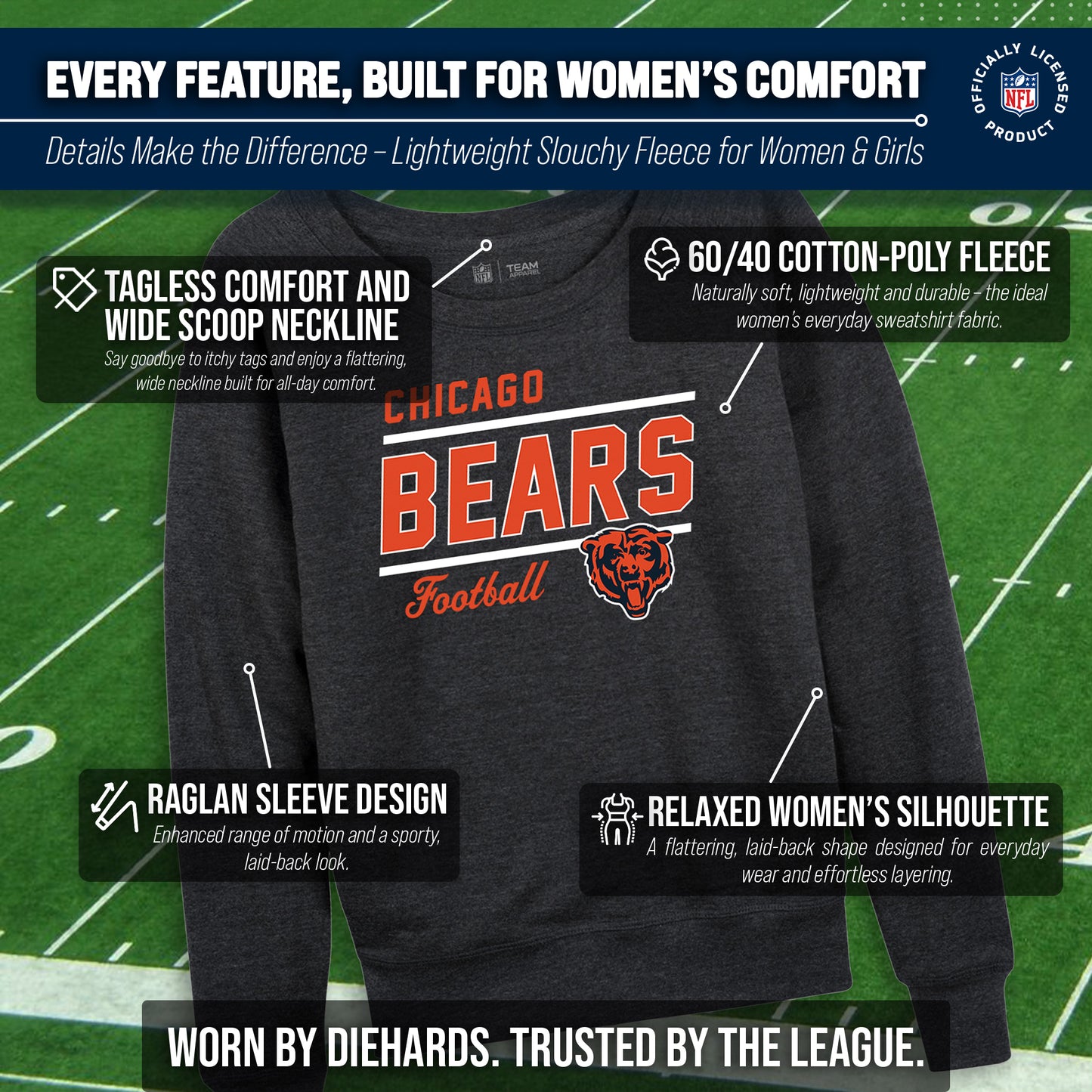 Chicago Bears NFL Womens Crew Neck Light Weight - Heather Charcoal