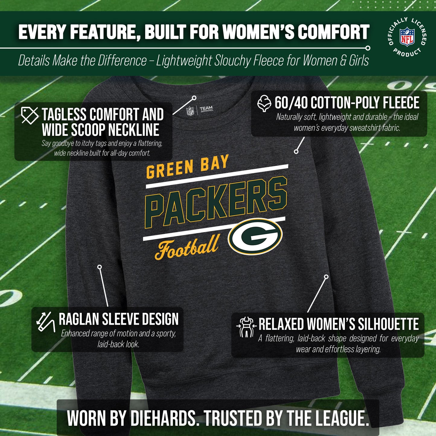 Green Bay Packers NFL Womens Crew Neck Light Weight - Charcoal