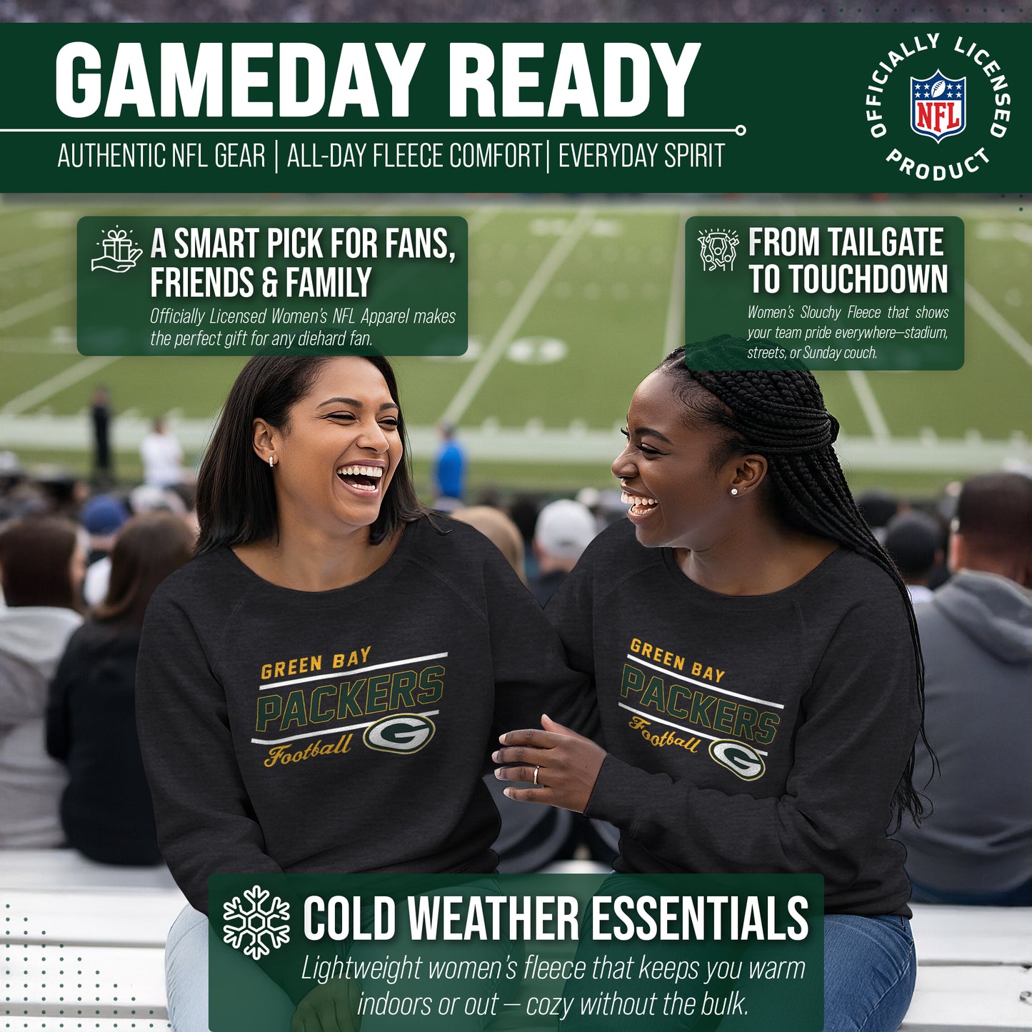 Green Bay Packers NFL Womens Crew Neck Light Weight - Charcoal