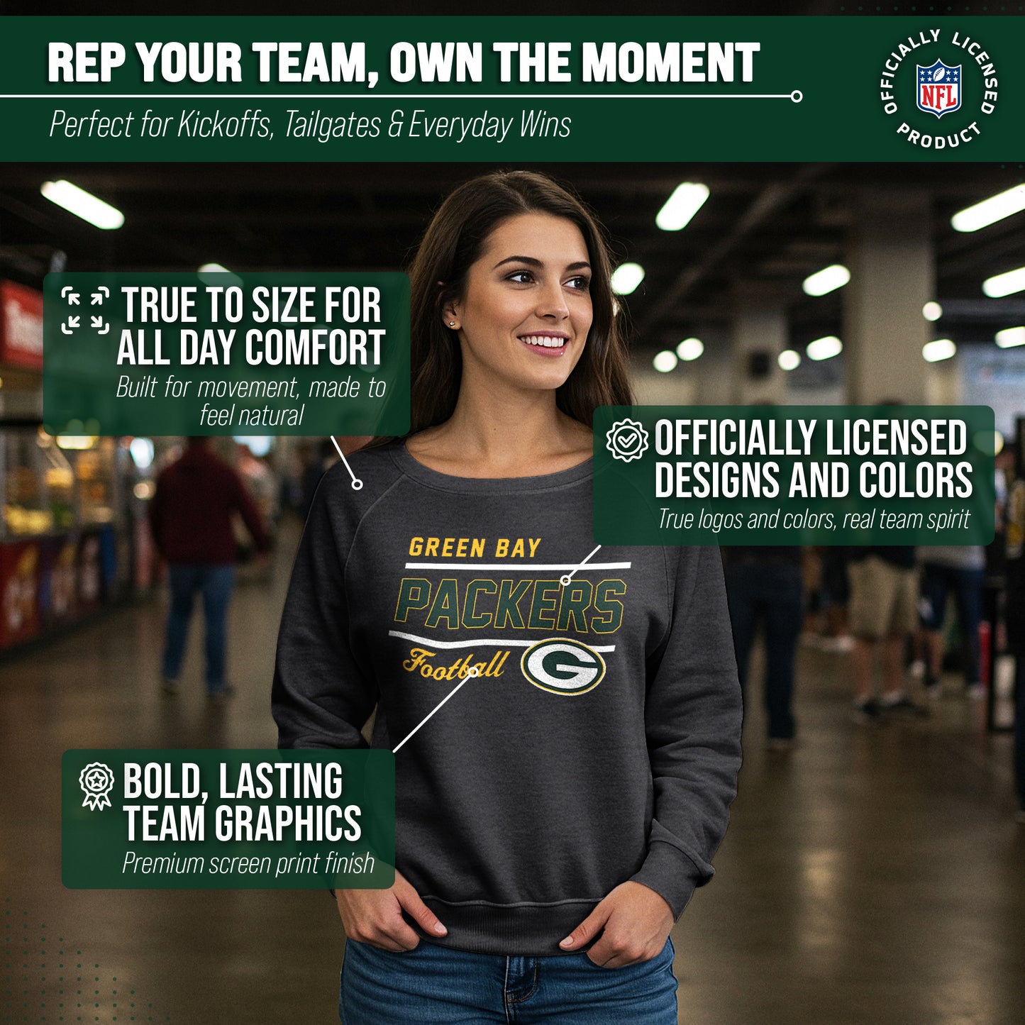 Green Bay Packers NFL Womens Crew Neck Light Weight - Charcoal