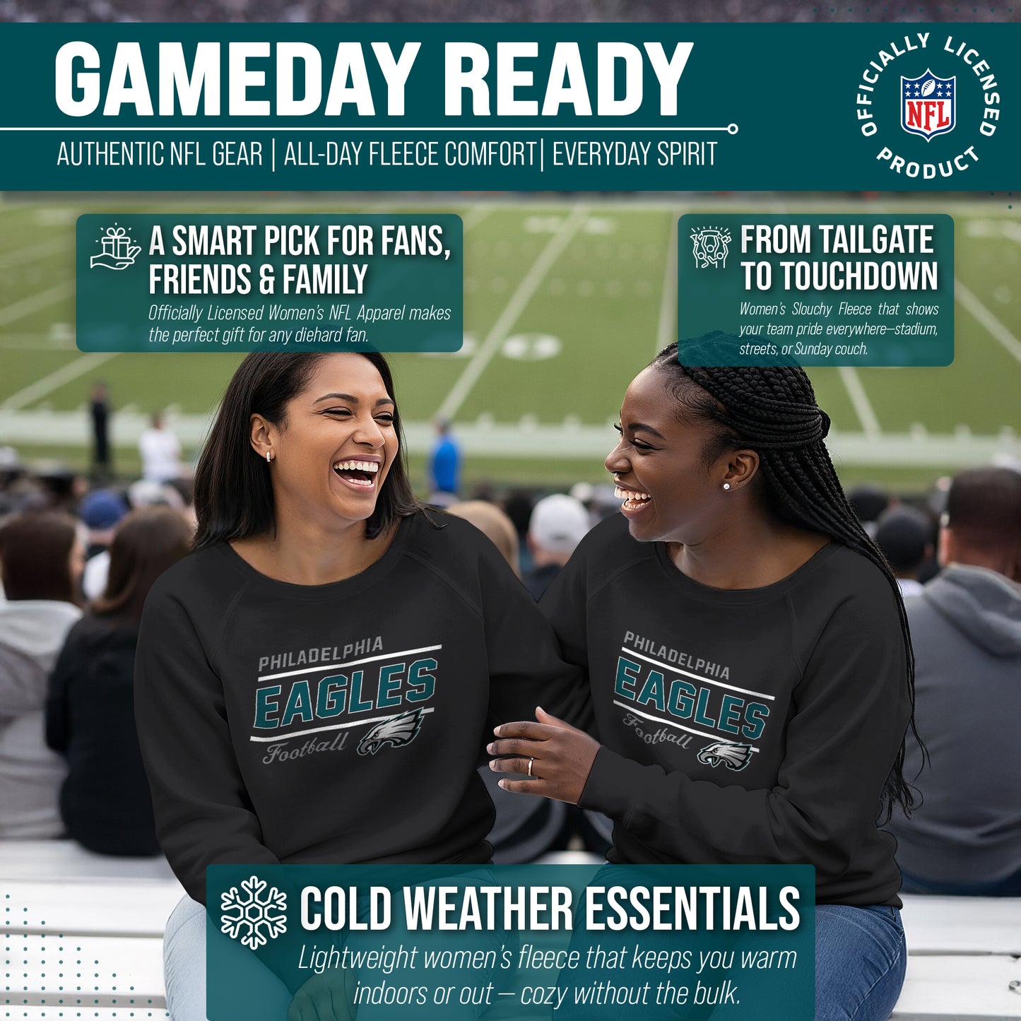 Philadelphia Eagles NFL Womens Crew Neck Light Weight - Black