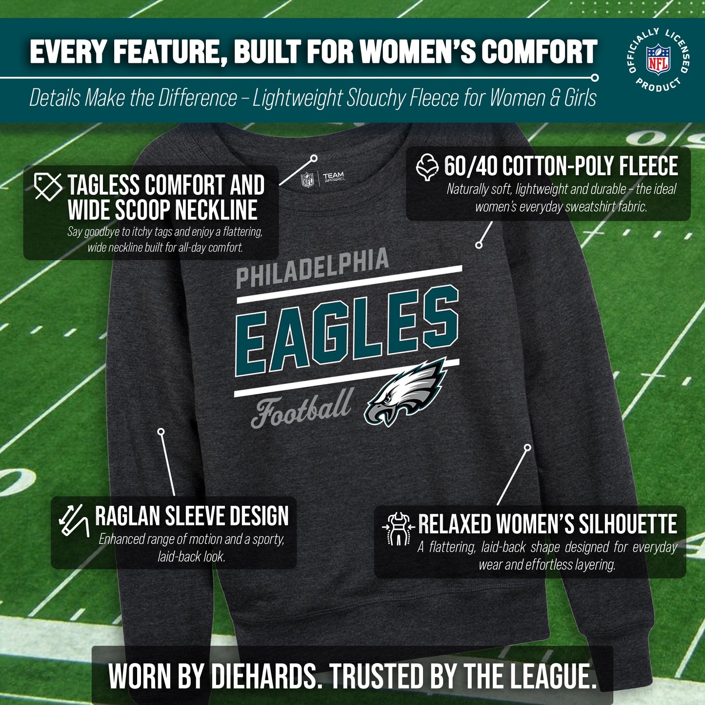 Philadelphia Eagles NFL Womens Crew Neck Light Weight - Charcoal