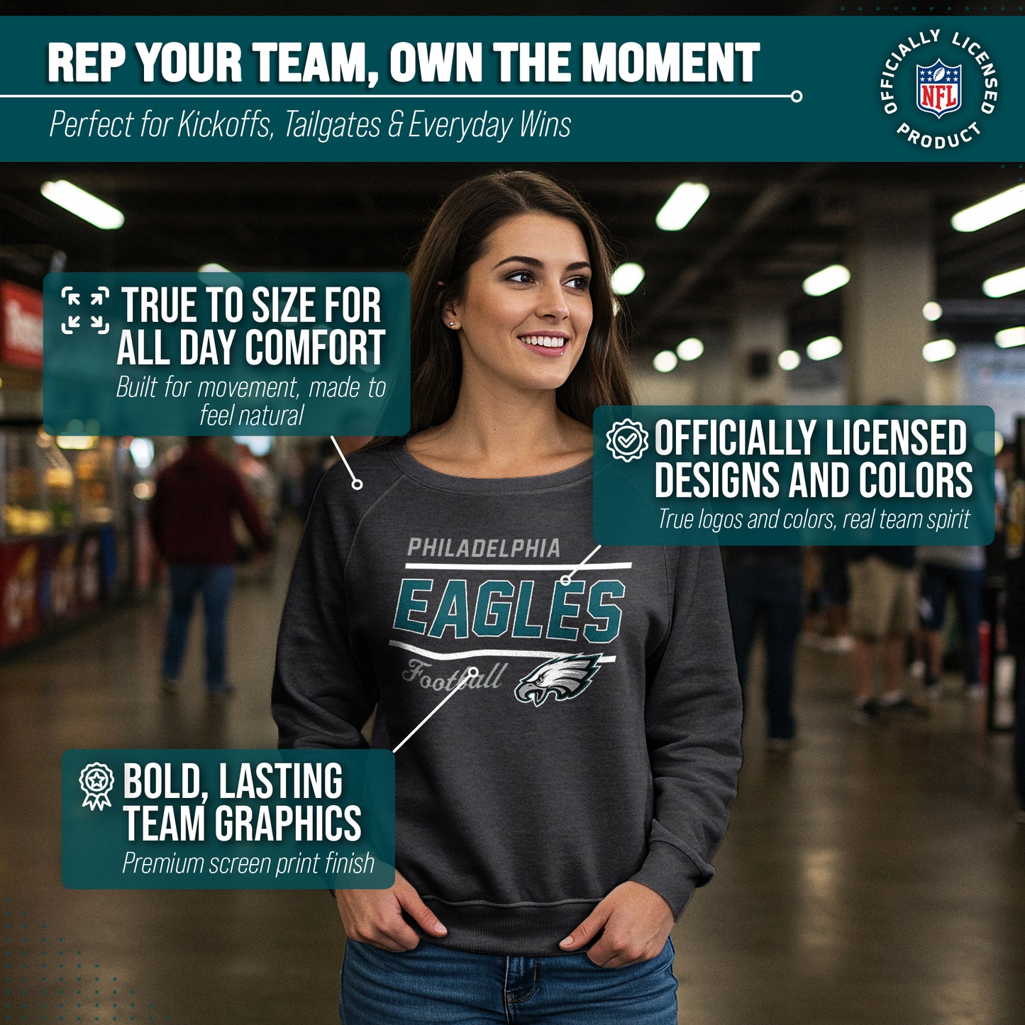 Philadelphia Eagles NFL Womens Crew Neck Light Weight - Charcoal