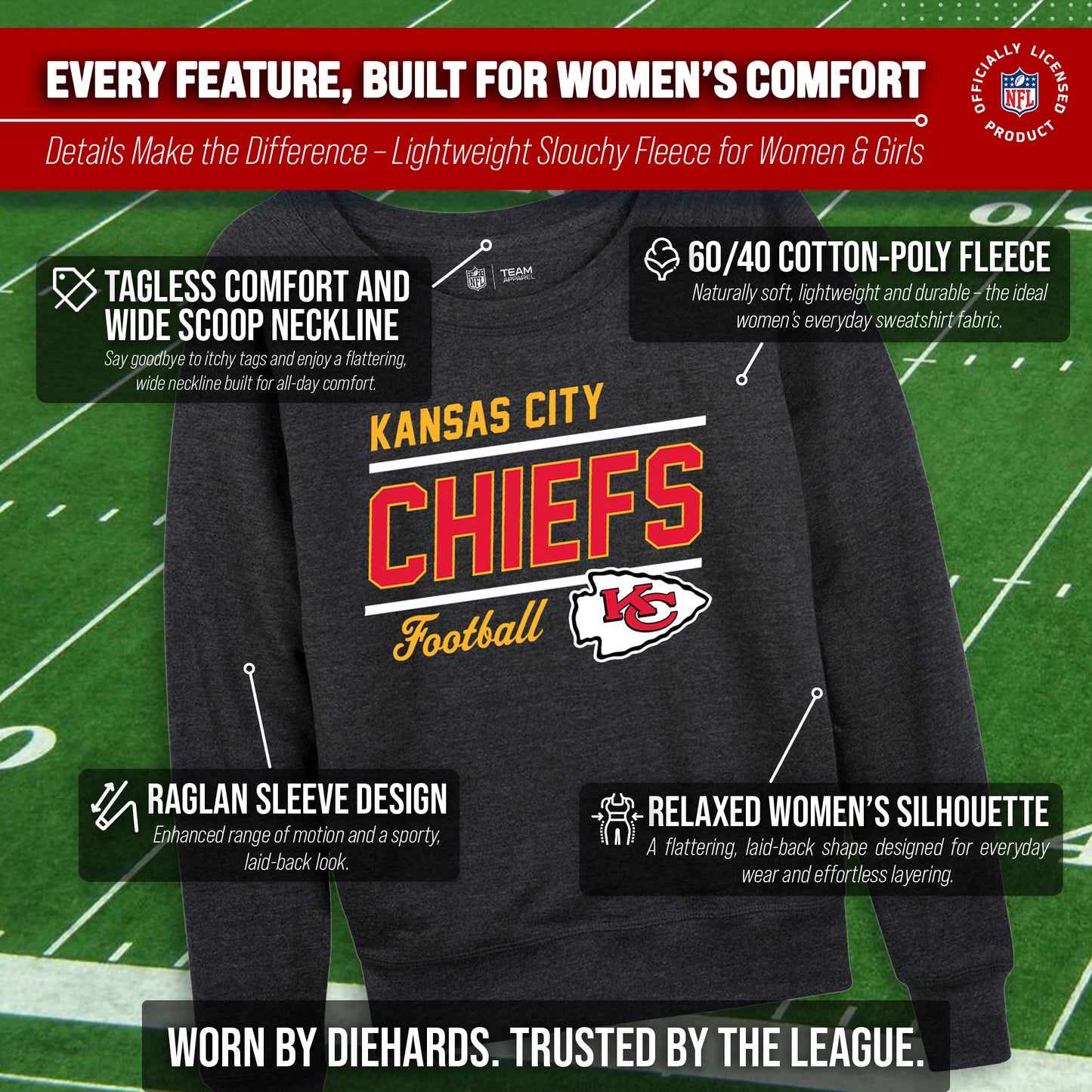 Kansas City Chiefs NFL Womens Crew Neck Light Weight - Charcoal