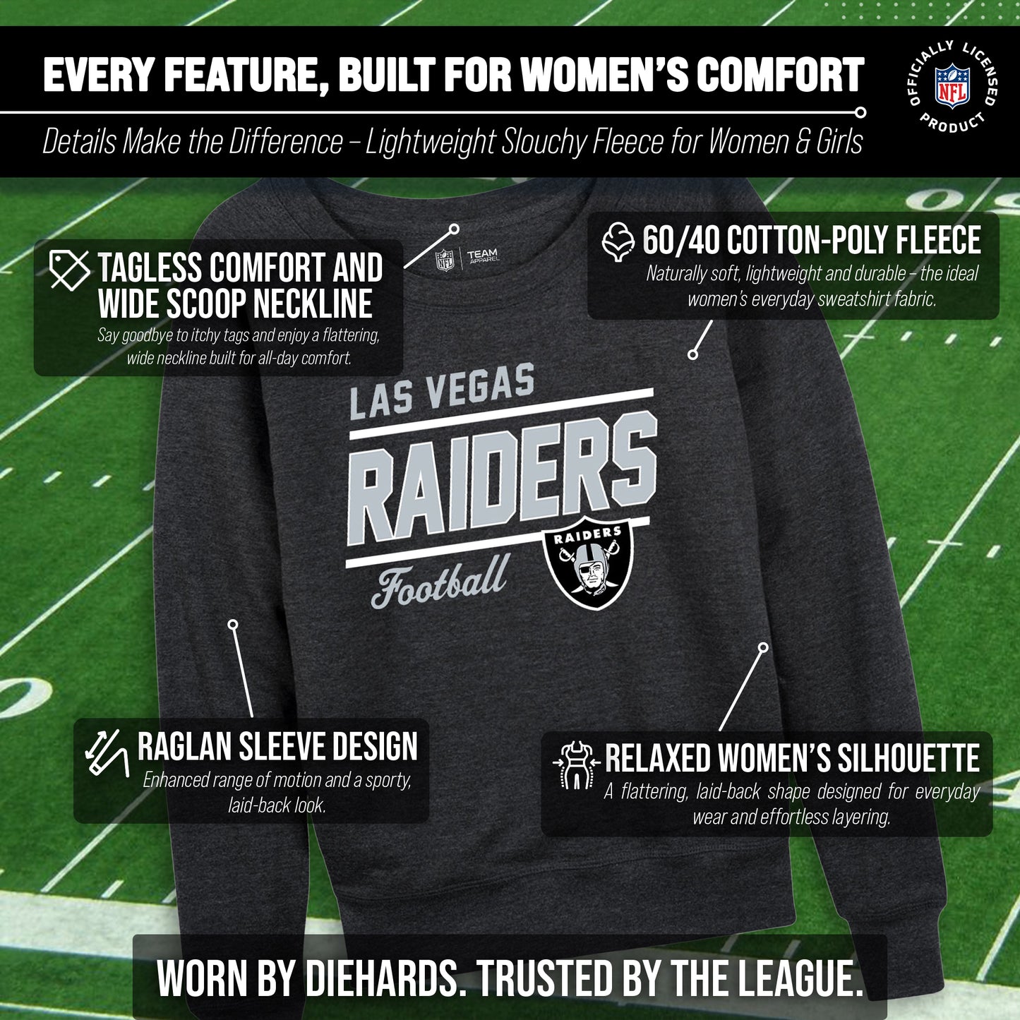 Las Vegas Raiders NFL Womens Crew Neck Light Weight - Charcoal