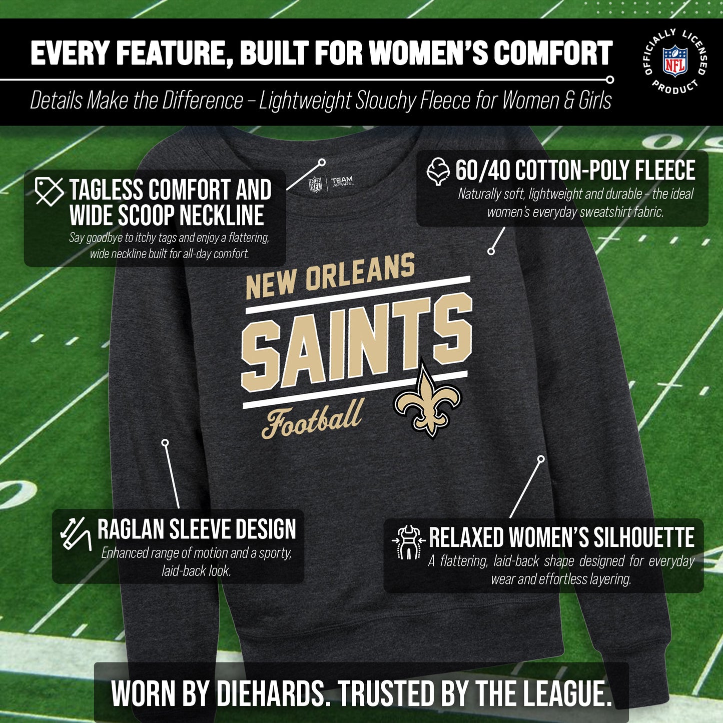 New Orleans Saints NFL Womens Crew Neck Light Weight - Charcoal
