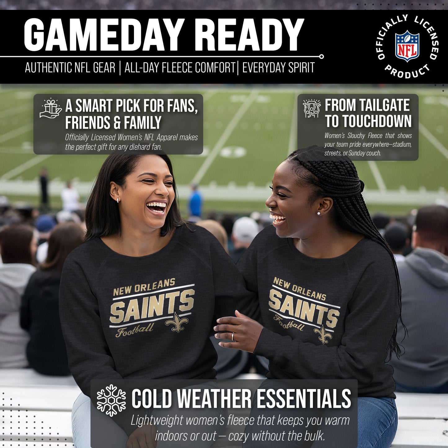 New Orleans Saints NFL Womens Crew Neck Light Weight - Charcoal