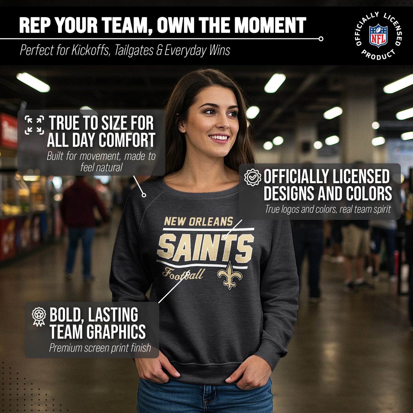 New Orleans Saints NFL Womens Crew Neck Light Weight - Charcoal
