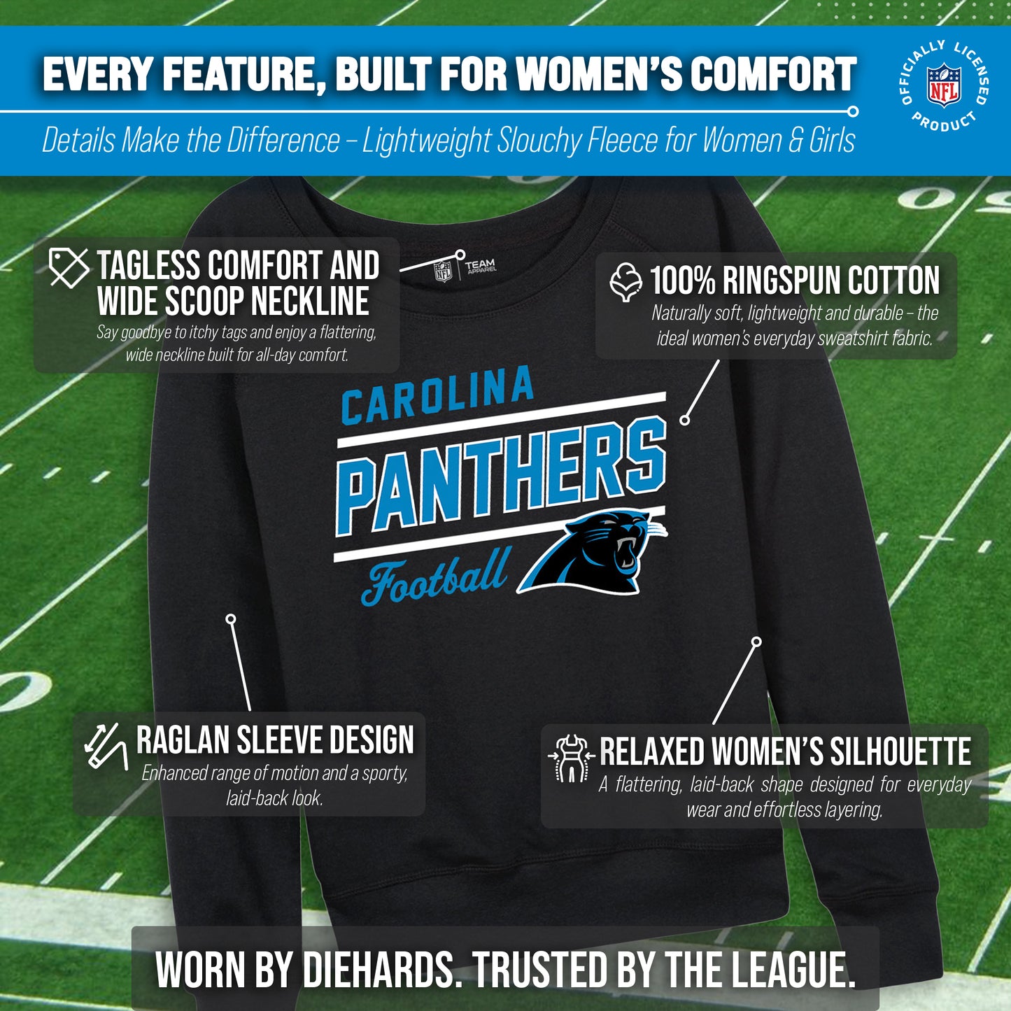 Carolina Panthers NFL Womens Crew Neck Light Weight - Black