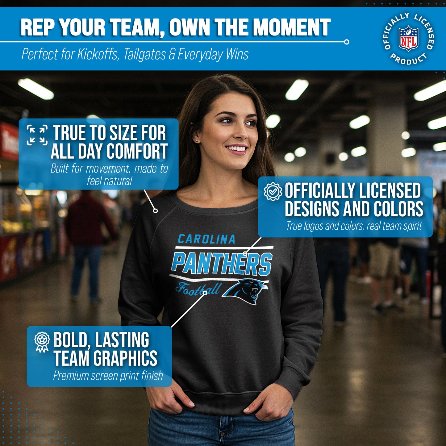 Carolina Panthers NFL Womens Crew Neck Light Weight - Black