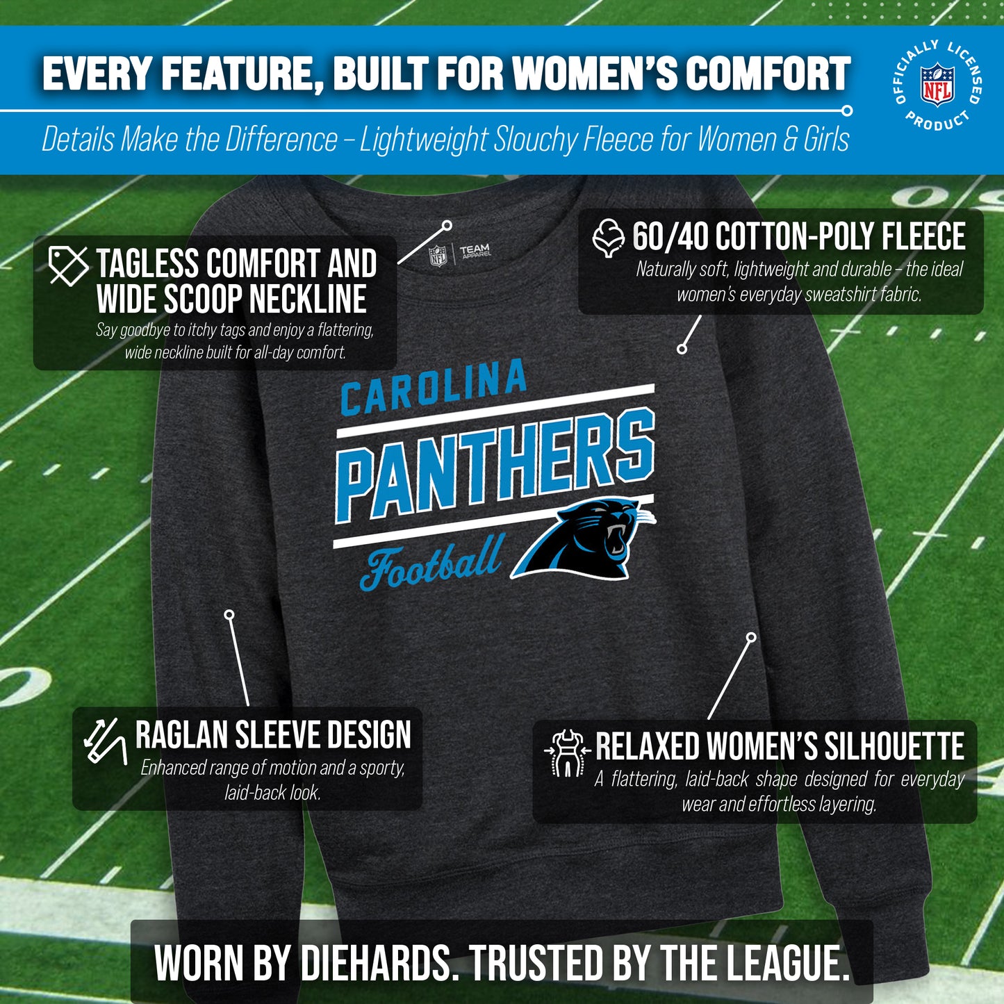 Carolina Panthers NFL Womens Crew Neck Light Weight - Charcoal