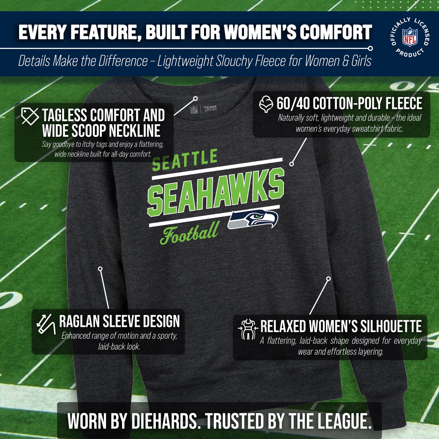 Seattle Seahawks NFL Womens Crew Neck Light Weight - Heather Charcoal