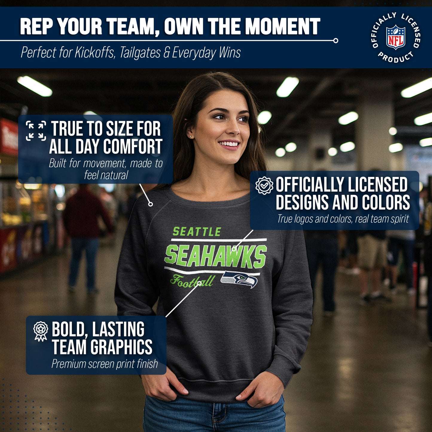 Seattle Seahawks NFL Womens Crew Neck Light Weight - Heather Charcoal