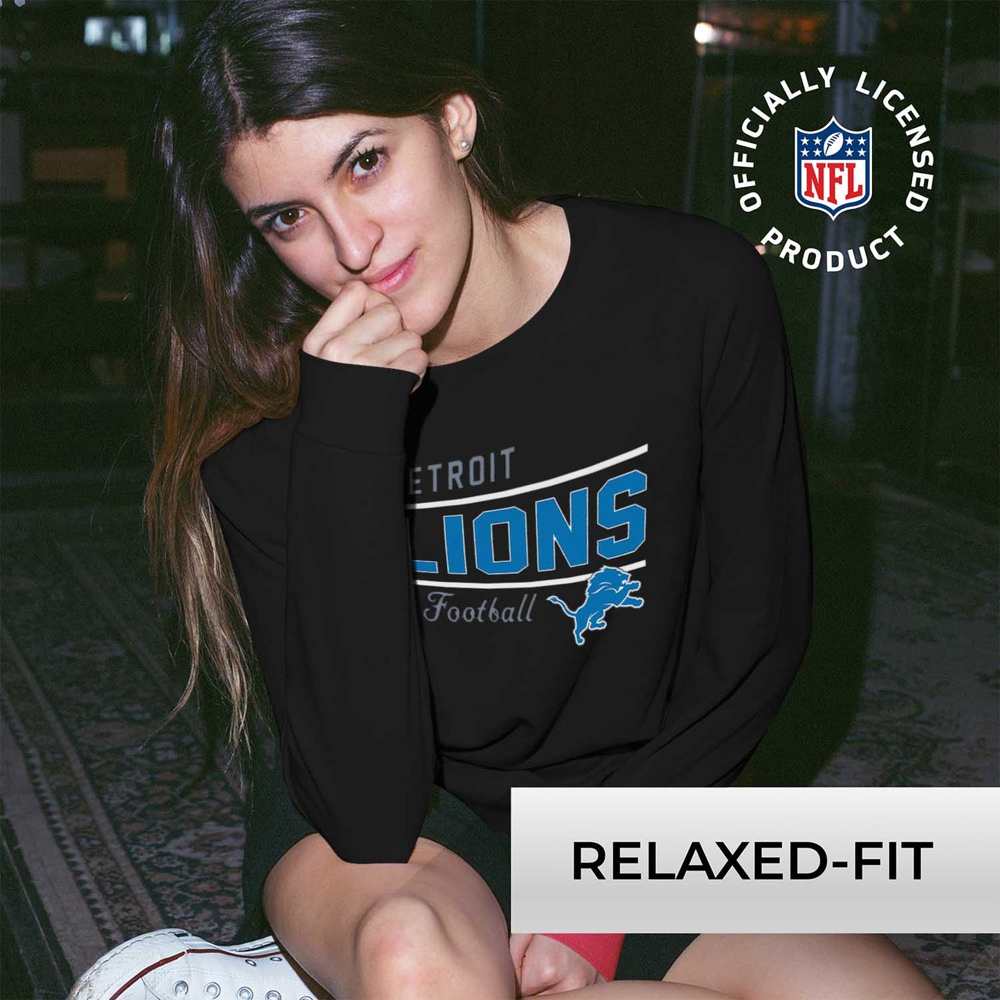 Detroit Lions NFL Womens Crew Neck Light Weight - Black