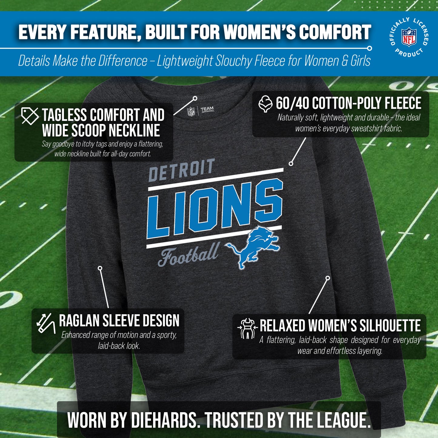 Detroit Lions NFL Womens Crew Neck Light Weight - Charcoal