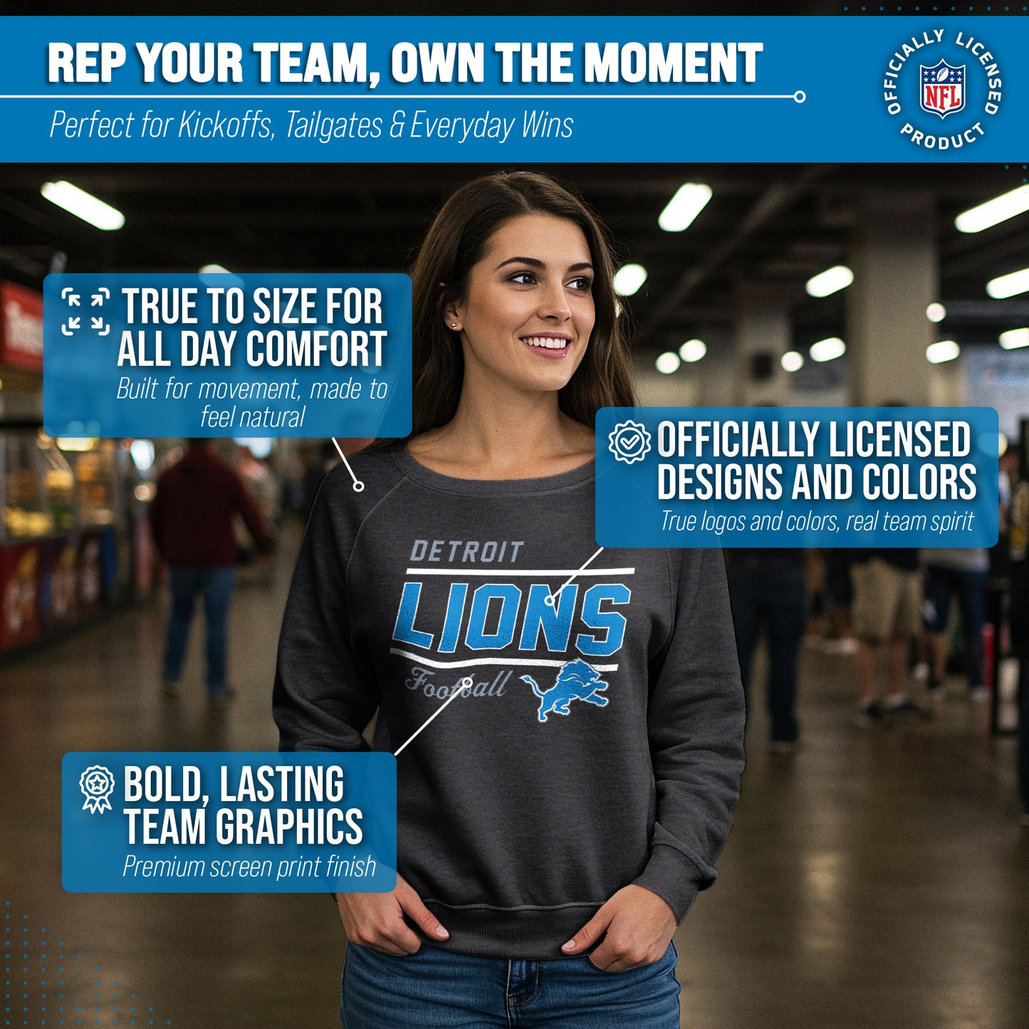 Detroit Lions NFL Womens Crew Neck Light Weight - Charcoal