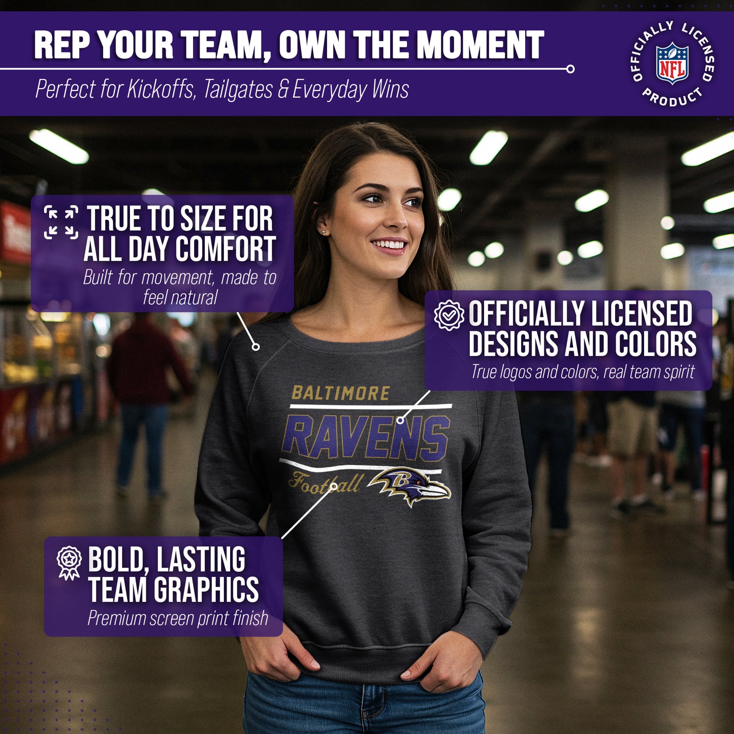 Baltimore Ravens NFL Womens Crew Neck Light Weight - Charcoal