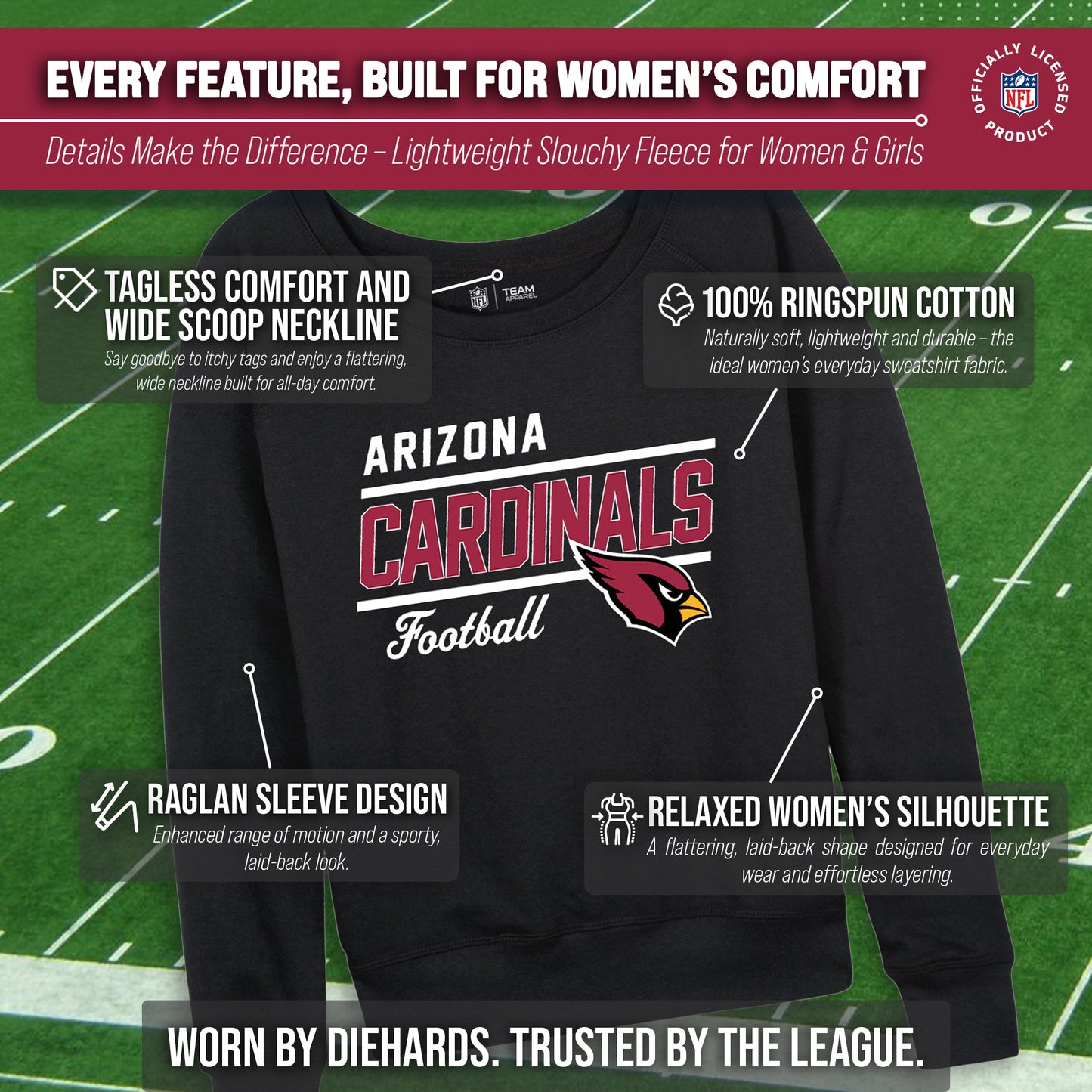 Arizona Cardinals NFL Womens Crew Neck Light Weight - Black