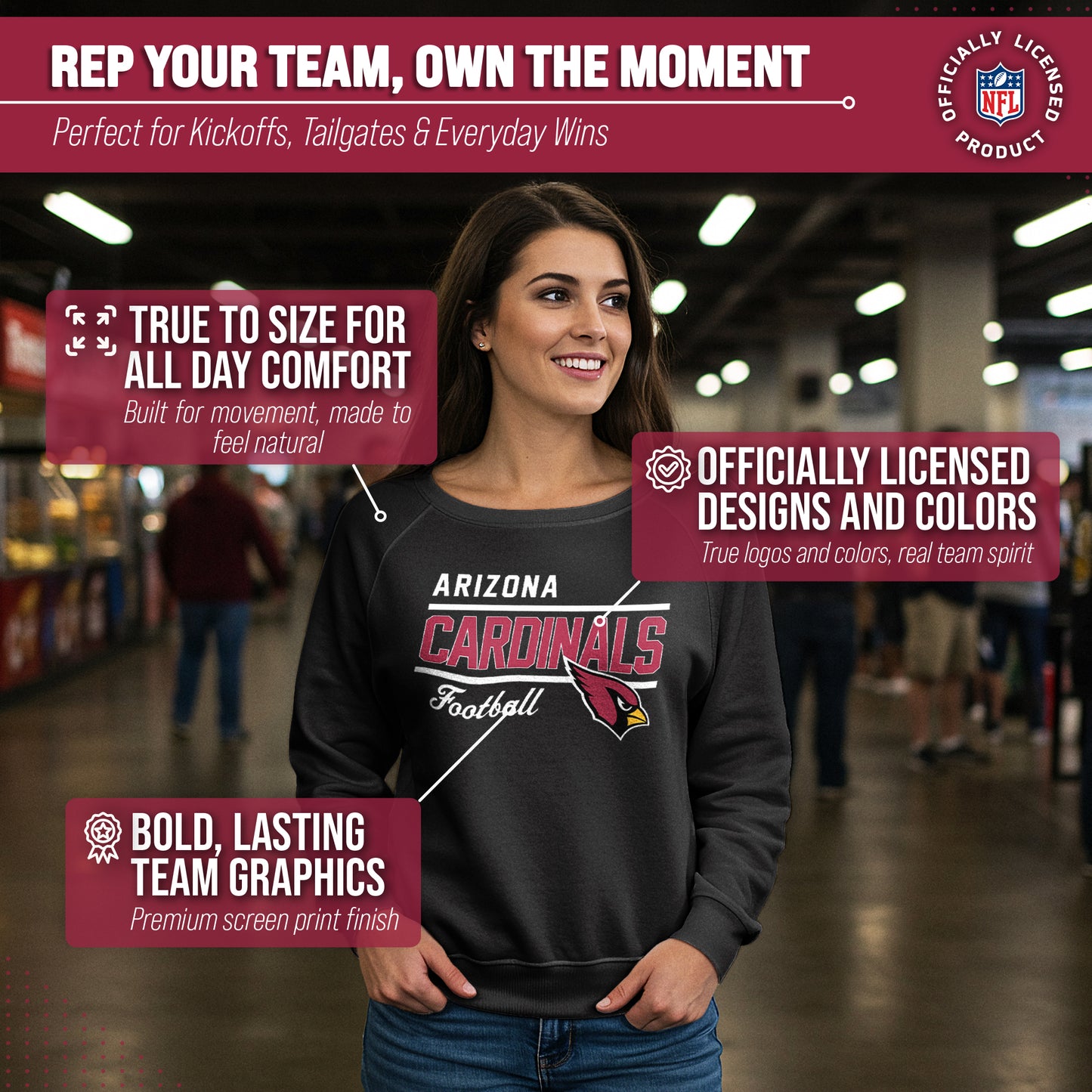 Arizona Cardinals NFL Womens Crew Neck Light Weight - Black