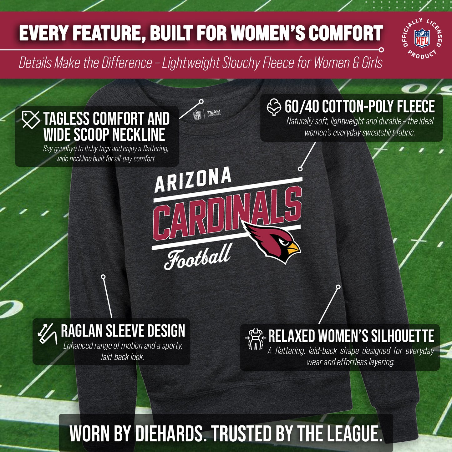 Arizona Cardinals NFL Womens Crew Neck Light Weight - Charcoal