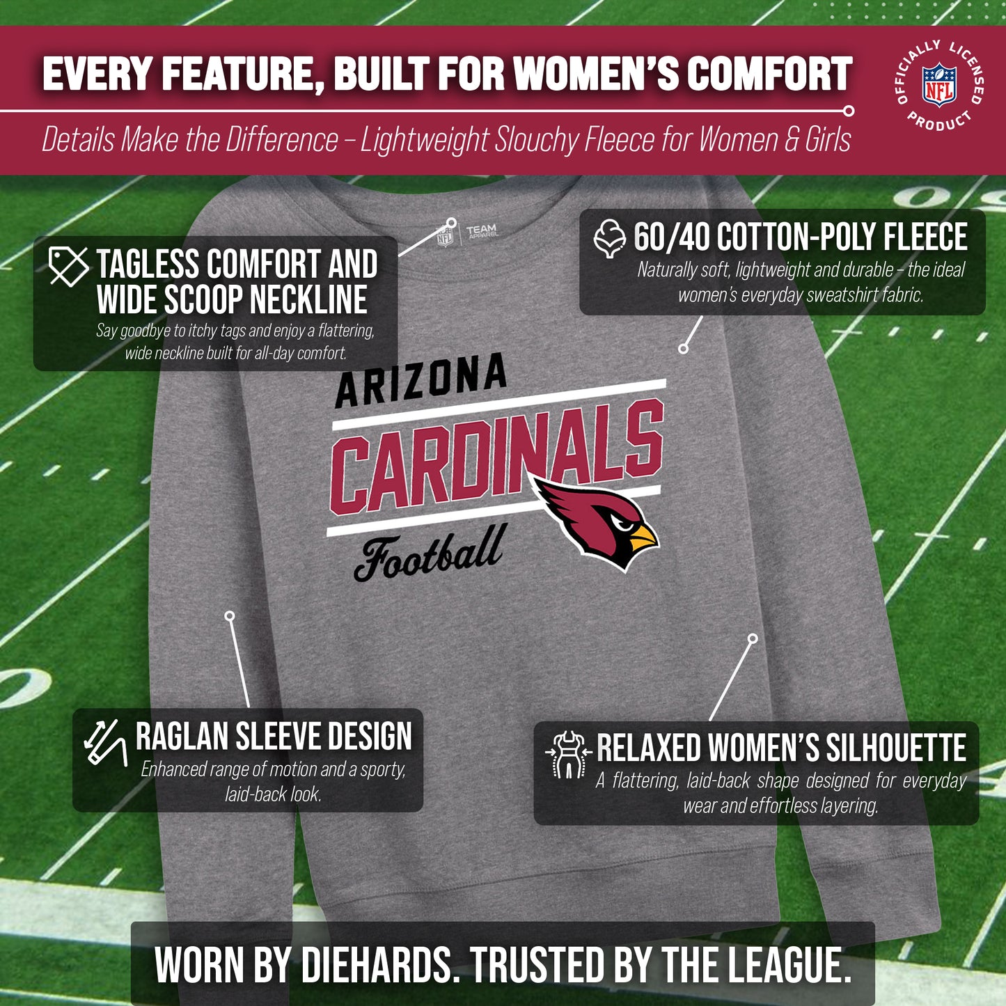 Arizona Cardinals NFL Womens Crew Neck Light Weight - Sport Gray