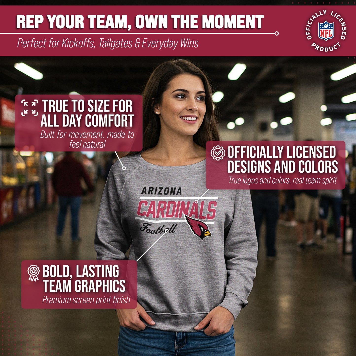 Arizona Cardinals NFL Womens Crew Neck Light Weight - Sport Gray