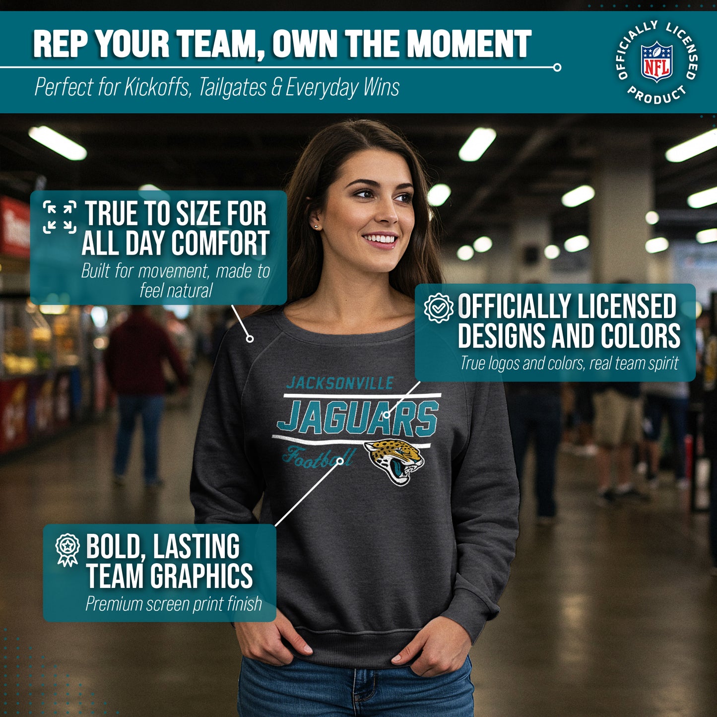 Jacksonville Jaguars NFL Womens Crew Neck Light Weight - Charcoal