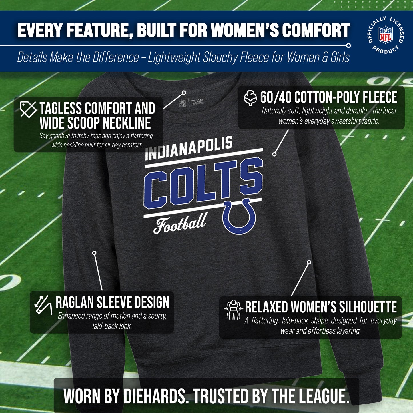 Indianapolis Colts NFL Womens Gameday French Terry Slouchy Top- Raglan Sleeves - Heather Charcoal