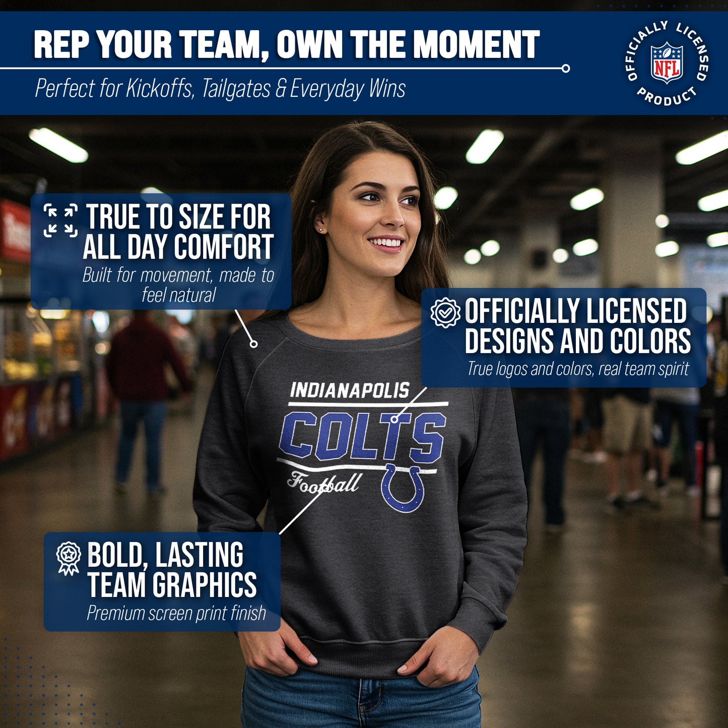 Indianapolis Colts NFL Womens Gameday French Terry Slouchy Top- Raglan Sleeves - Heather Charcoal