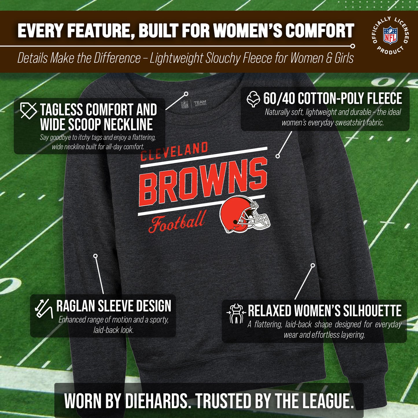 Cleveland Browns NFL Womens Crew Neck Light Weight - Charcoal