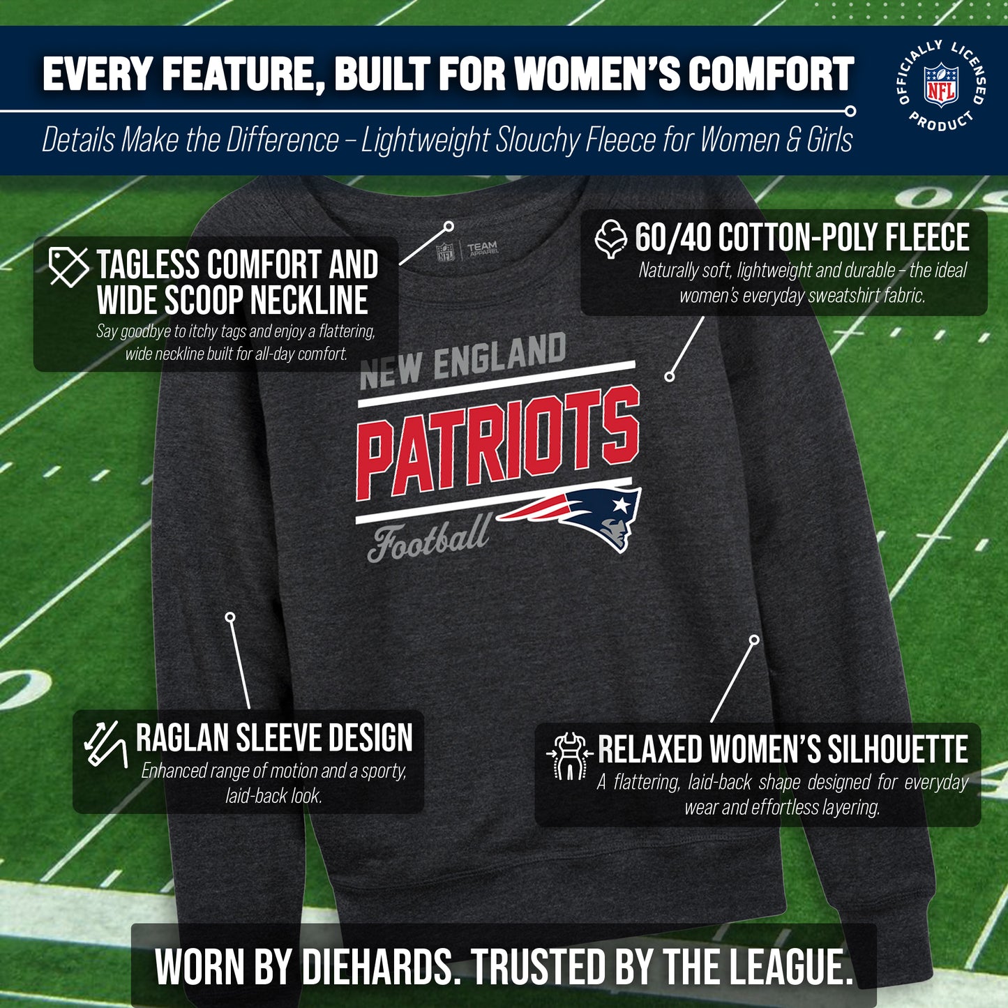 New England Patriots NFL Womens Crew Neck Light Weight - Heather Charcoal