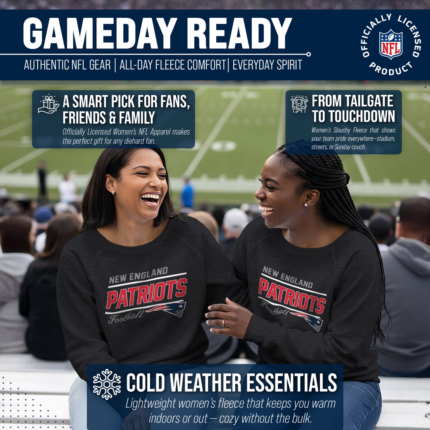 New England Patriots NFL Womens Crew Neck Light Weight - Heather Charcoal