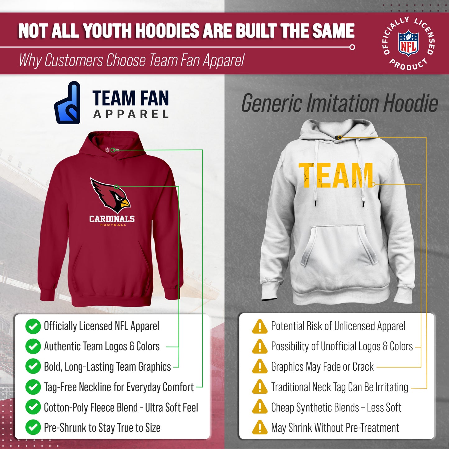 Arizona Cardinals Youth NFL Ultimate Fan Logo Fleece Hooded Sweatshirt -Tagless Football Pullover For Kids - Cardinal