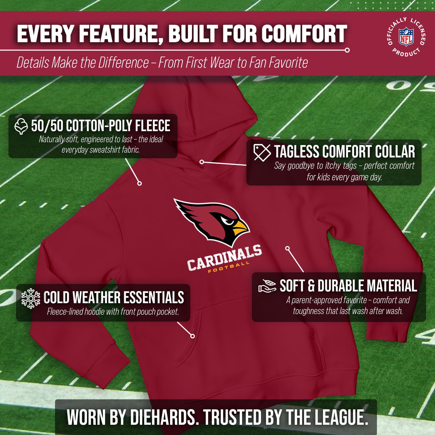 Arizona Cardinals Youth NFL Ultimate Fan Logo Fleece Hooded Sweatshirt -Tagless Football Pullover For Kids - Cardinal