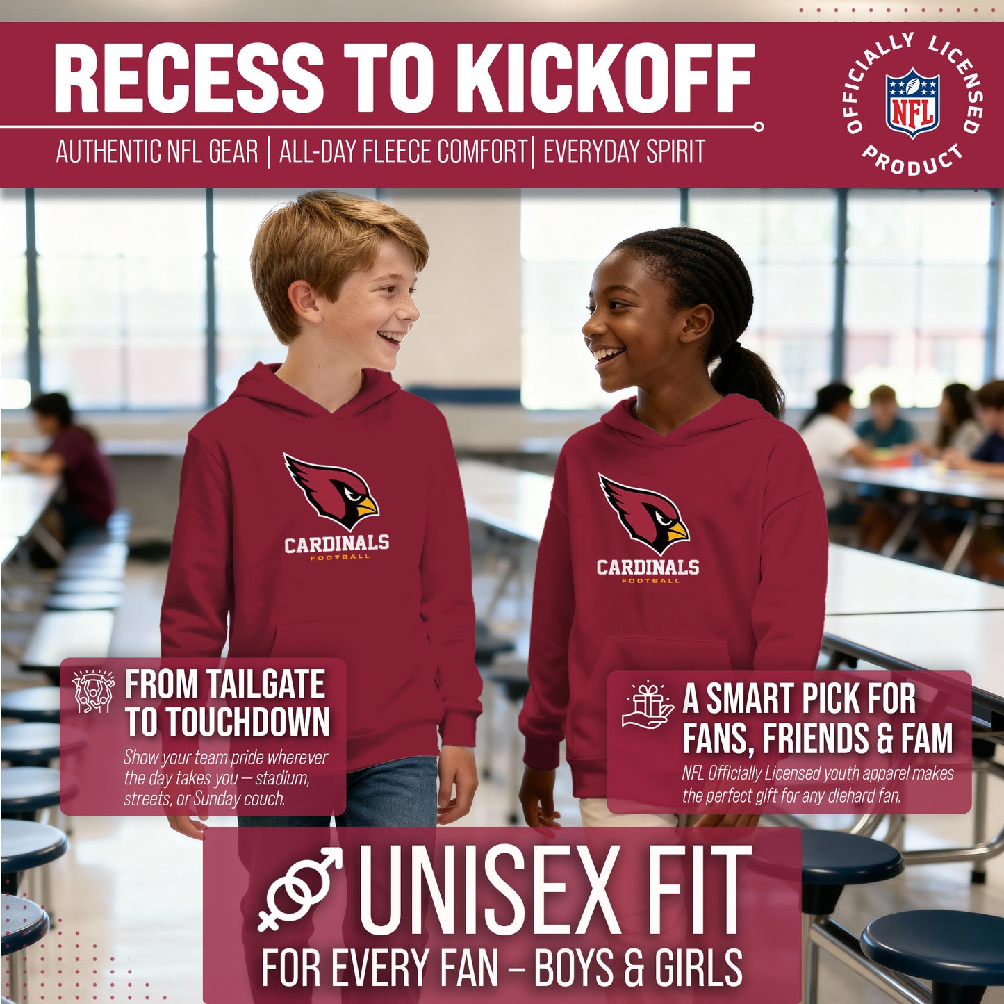 Arizona Cardinals Youth NFL Ultimate Fan Logo Fleece Hooded Sweatshirt -Tagless Football Pullover For Kids - Cardinal