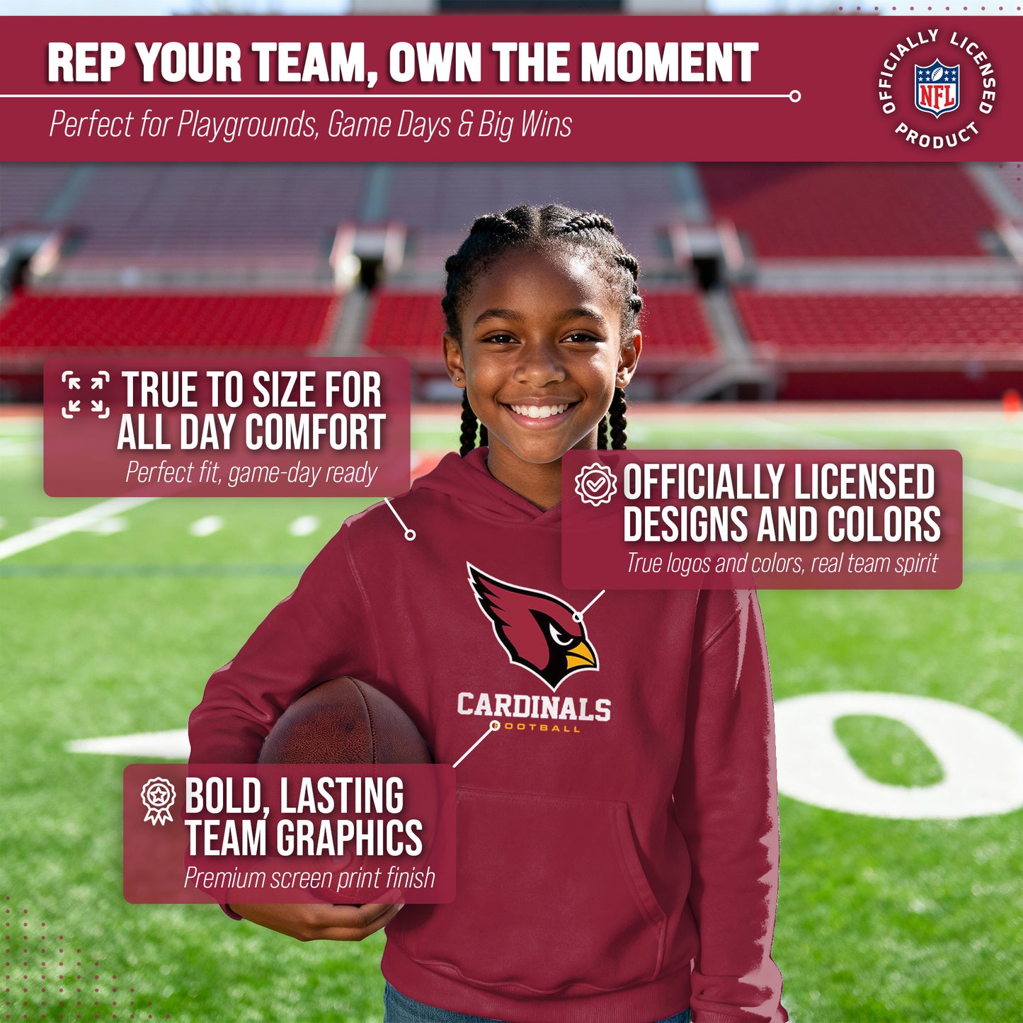 Arizona Cardinals Youth NFL Ultimate Fan Logo Fleece Hooded Sweatshirt -Tagless Football Pullover For Kids - Cardinal